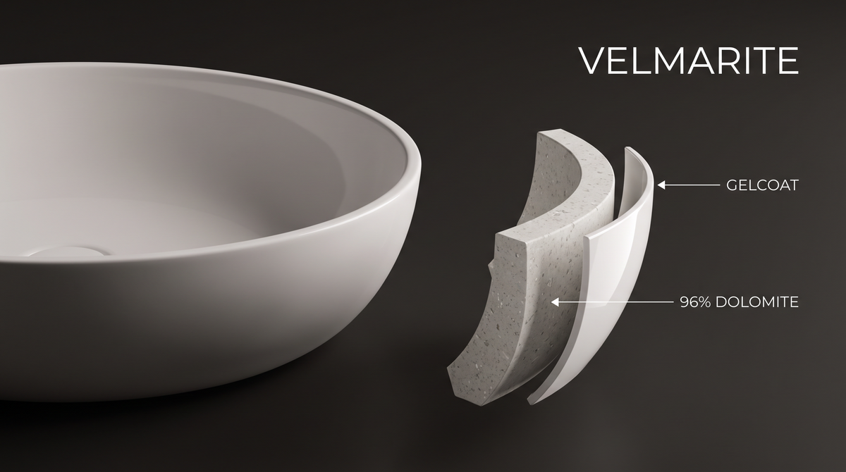 VELMARITE : coupe d'une vasque montrant la couche de gelcoat et le cœur à 96 % de dolomite naturelle Image