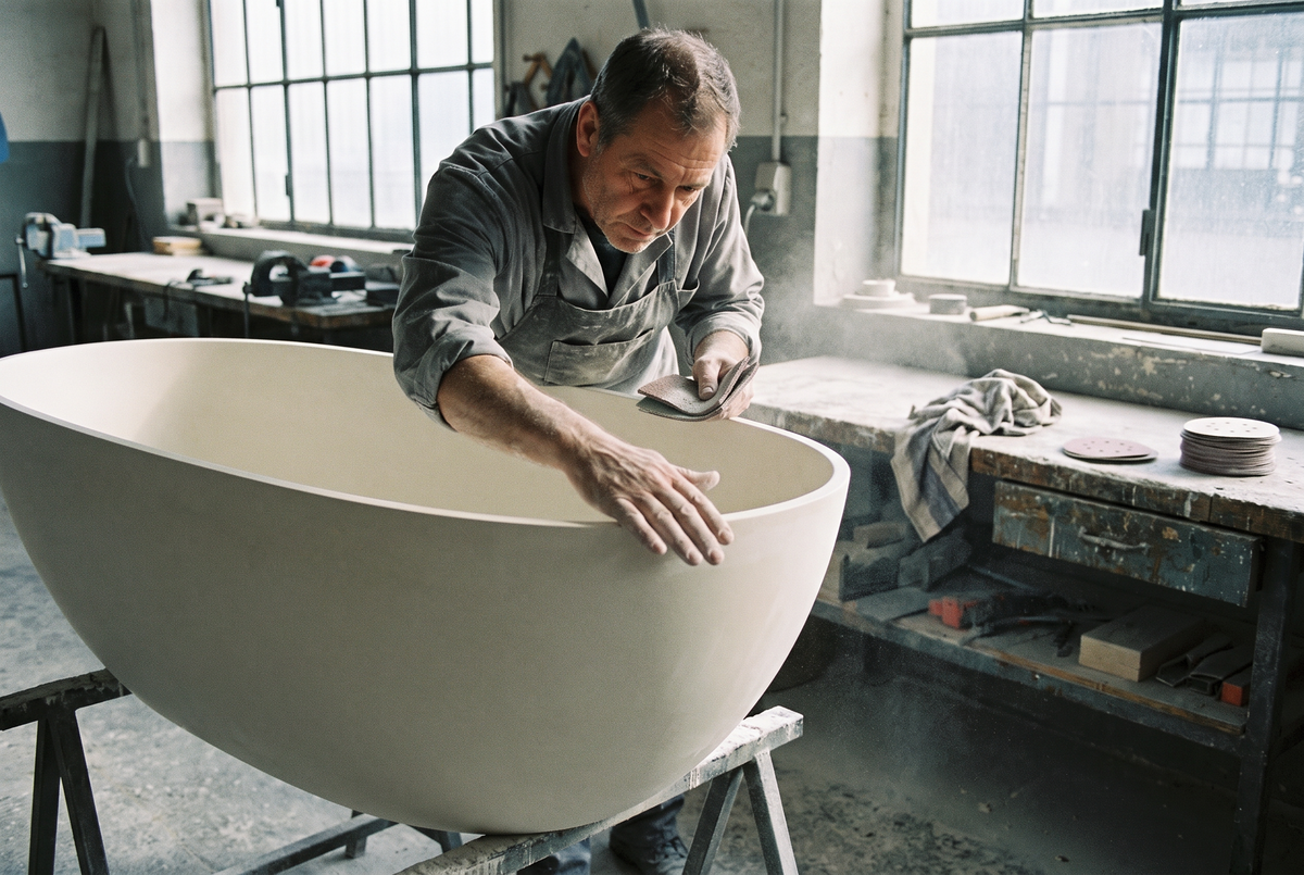 Finition manuelle d'une cuve en composite minéral dans un atelier européen - Velmar Paris Image